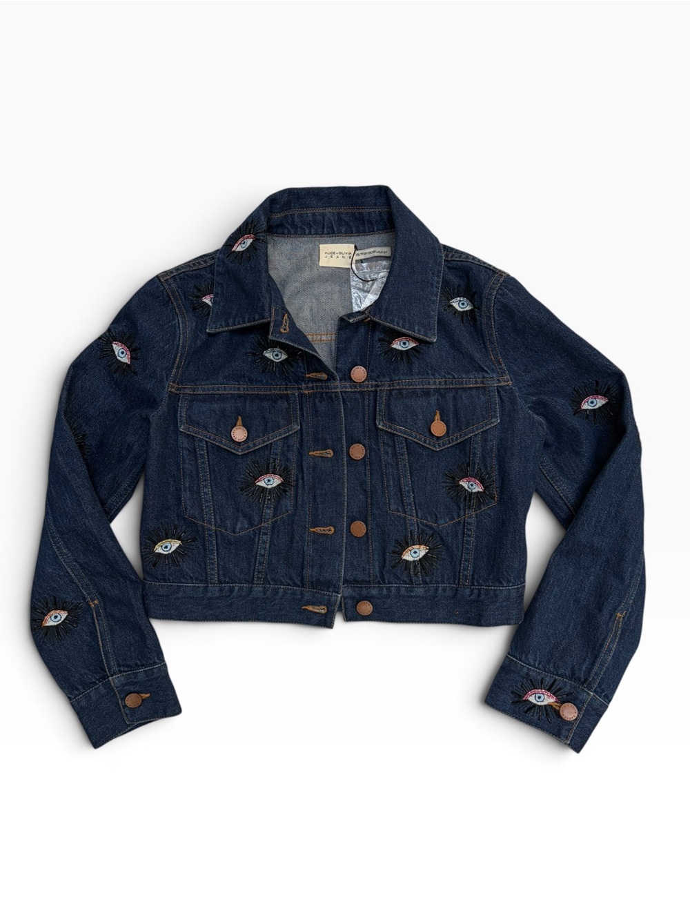 Alice + Olivia Navy Embroidered Eye Cropped Denim Jacket